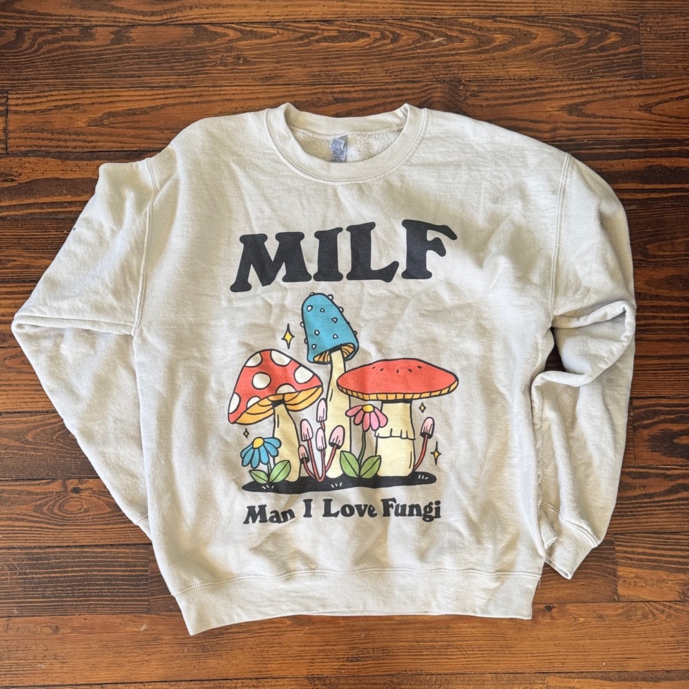 Graphic 'MILF' Mushroom Crewneck Sweater - Cream